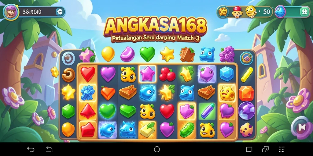 Screenshot utama ANGKASA168 menampilkan gameplay Match-3 yang seru.