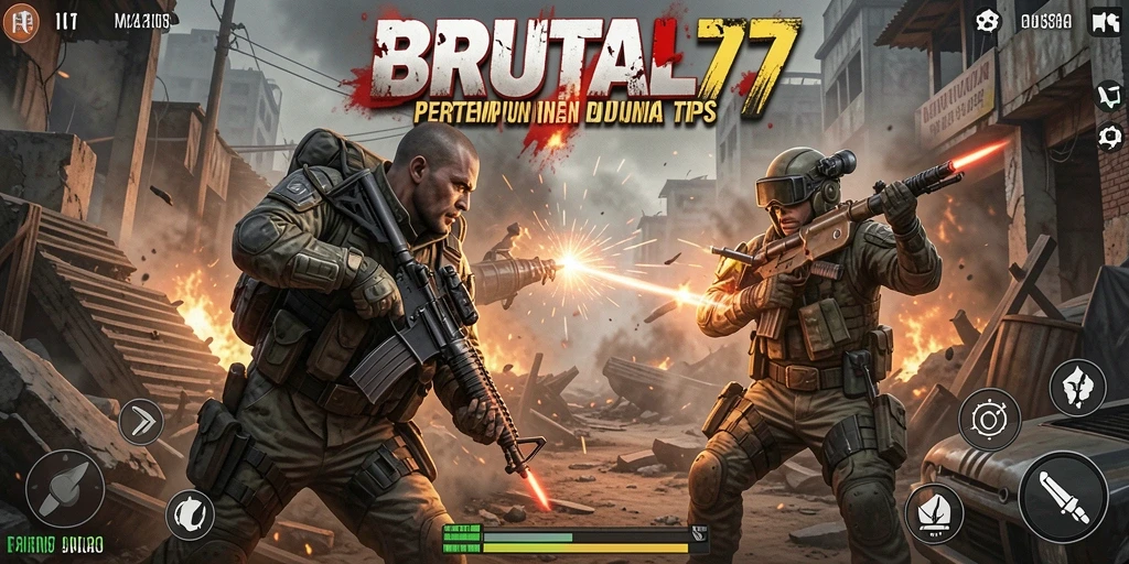 Tangkapan layar gameplay BRUTAL77 menampilkan aksi pertempuran yang seru.