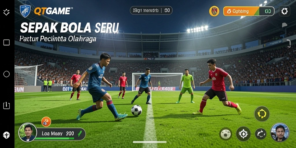 Screenshot QTGAME menampilkan pemain beraksi di lapangan sepak bola.