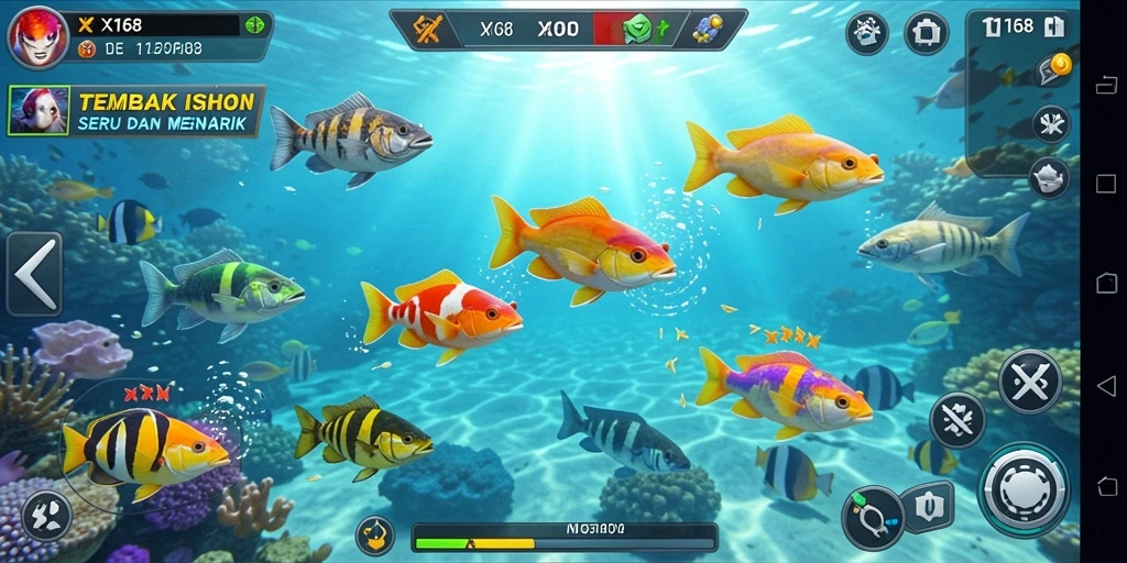 Tangkapan layar gameplay X168 yang menampilkan aksi tembak ikan seru.
