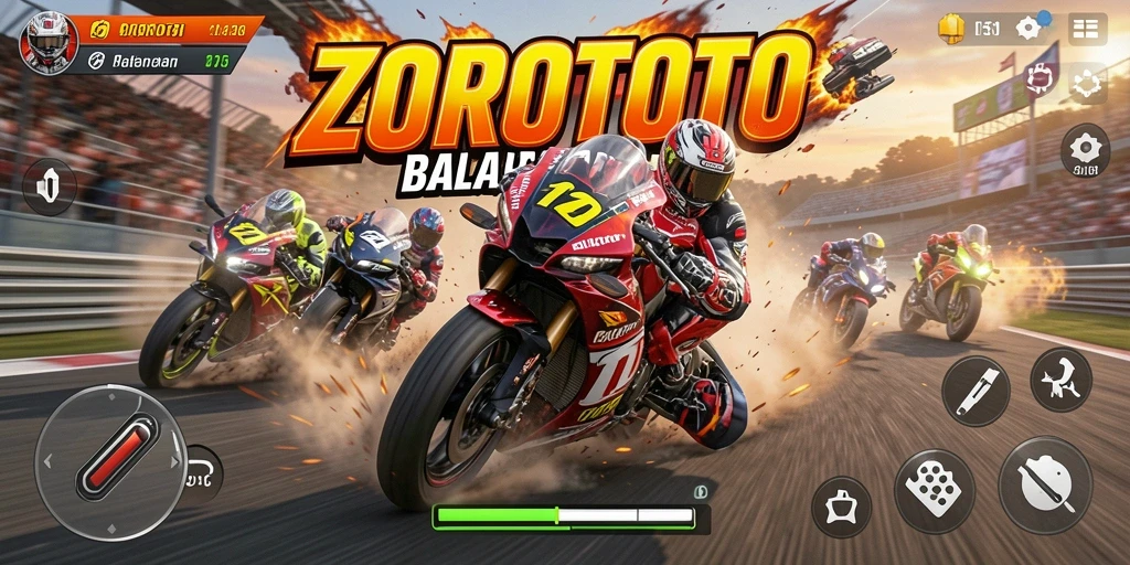Gameplay seru ZOROTOTO dengan berbagai motor balap di lintasan.